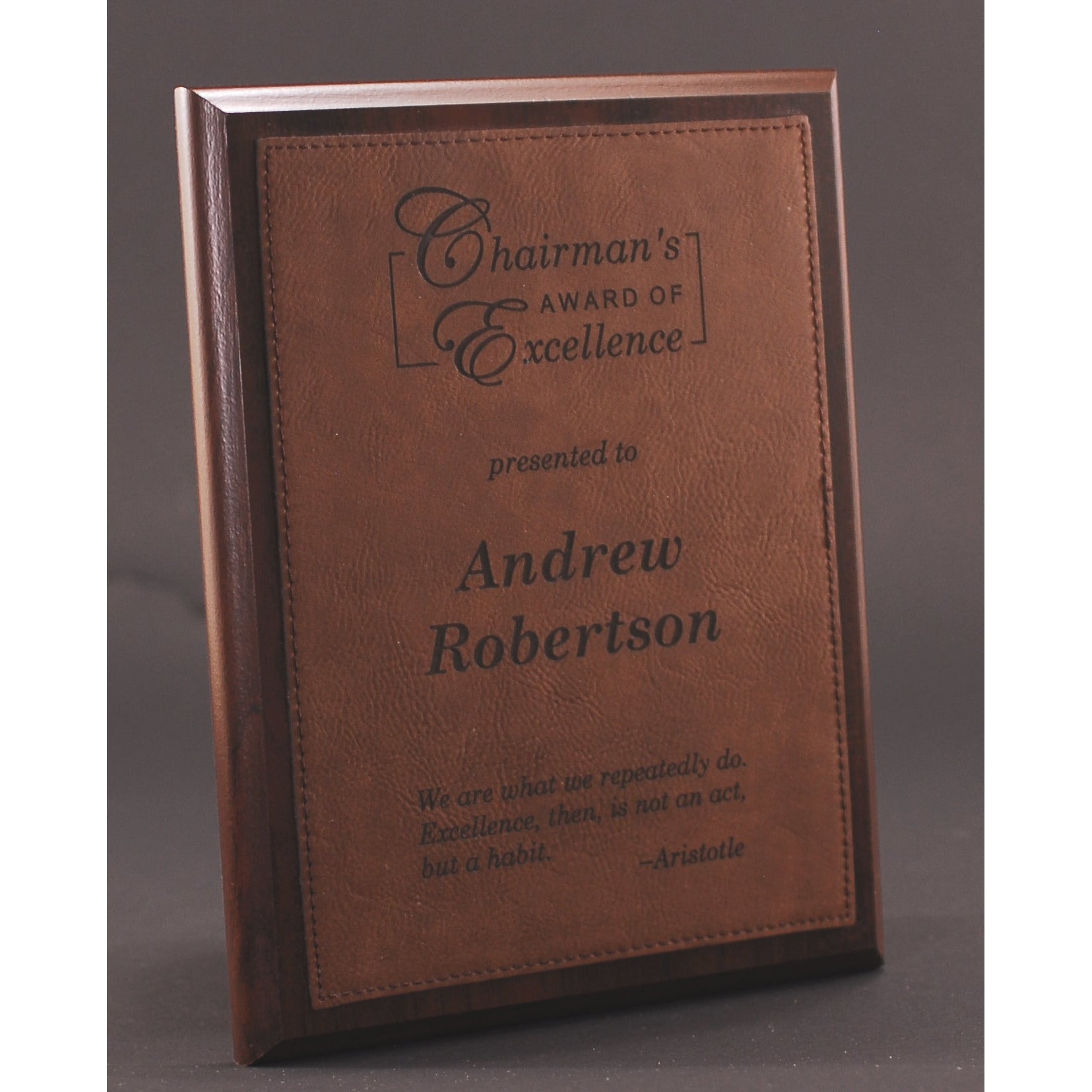 Simulated Walnut Plaque With Dark Brown Lasered Leatherette Plate | Alliance Awards LLC.