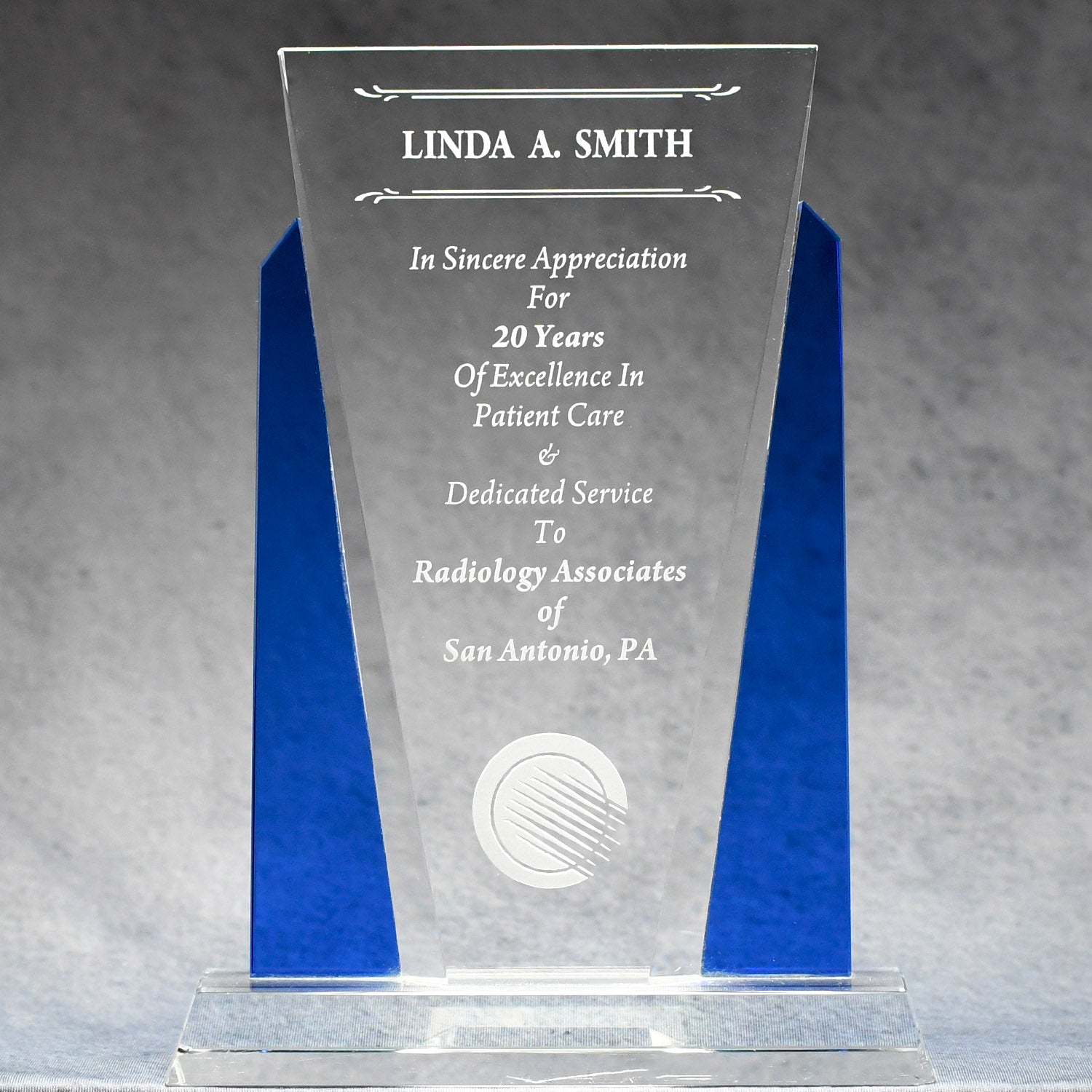 Crystal With Blue Side Panels | Alliance Awards LLC.